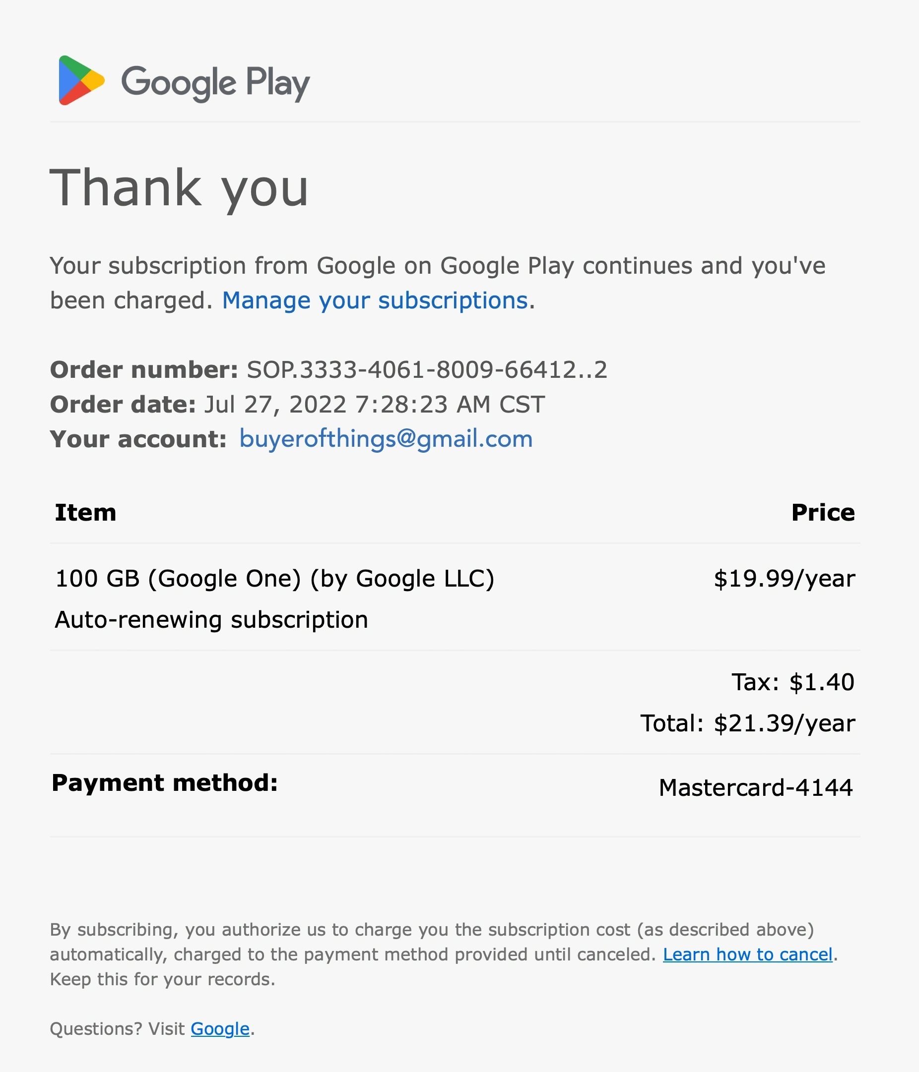 Google Play subscription