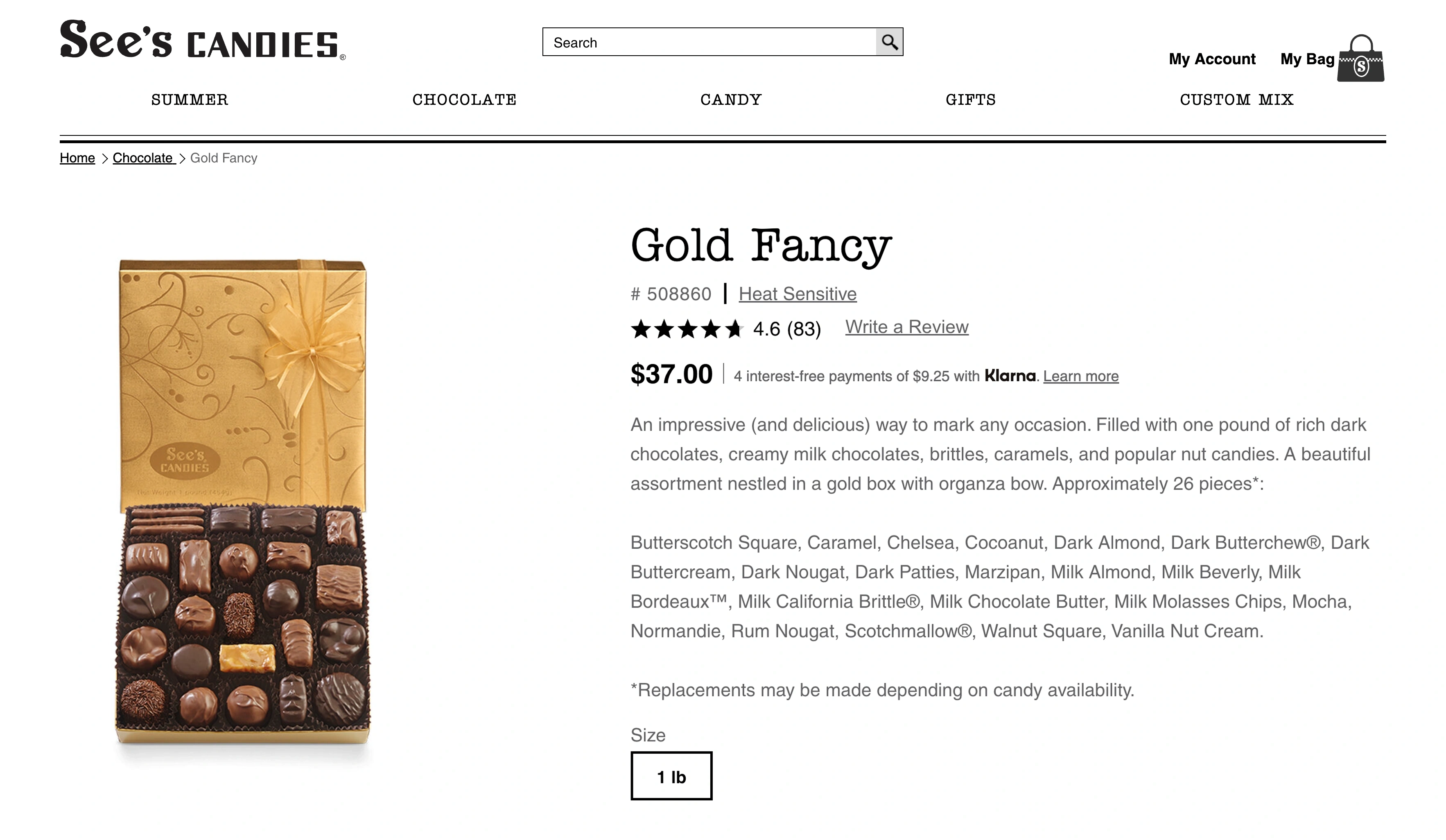 See's Candies product descriptions